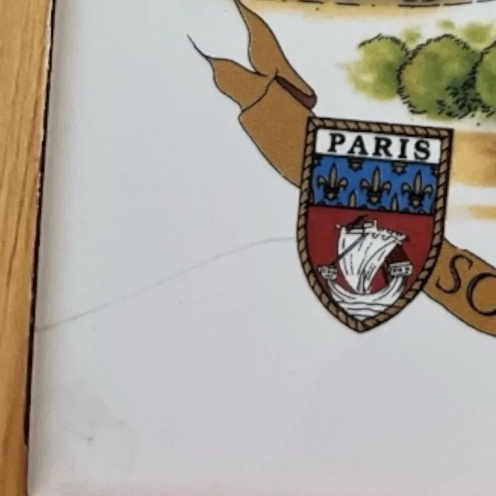 Vintage Paris Souvenir Cheese Board with Knife – Wood & Ceramic Tile, Eiffel Tow